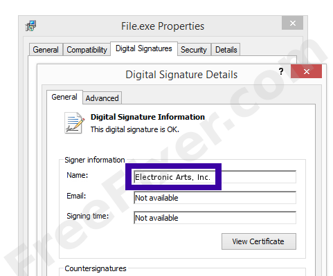 Screenshot of the Electronic Arts, Inc. certificate
